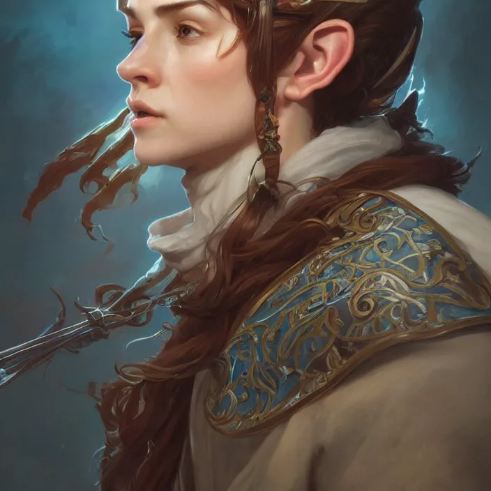Image similar to excellent painted portrait of a half-elf bard, high quality painting with detailed face, 4k, trending on artstation, octane render, art by artgerm and greg rutkowski and alphonse mucha and craig mullins and James Jean and Andrei Riabovitchev and Marc Simonetti and peter mohrbacher