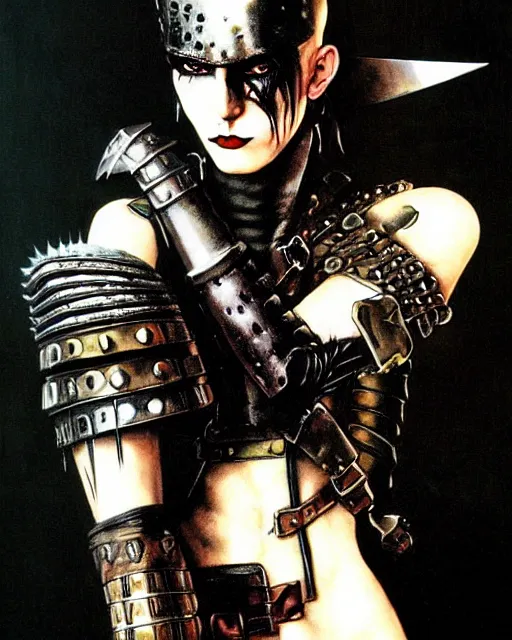 Prompt: portrait of a skinny punk goth warrior wearing armor by simon bisley, john blance, frank frazetta, fantasy, thief rogue