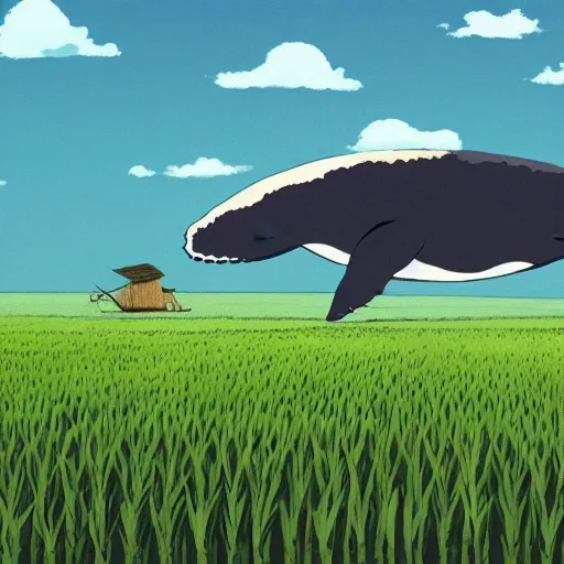 Prompt: a giant whale in a rice farm by Studio ghibli, concept art, golden ratio