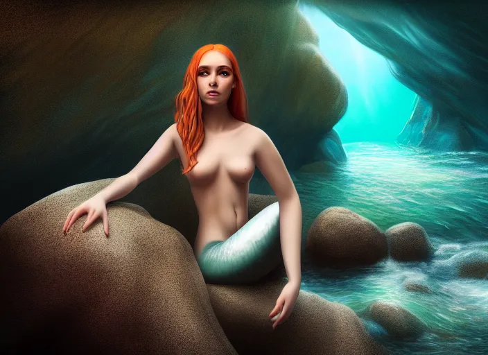 Image similar to soft painting portrait of a mermaid in a shirt sitting on a rock in a river in an underground cave. fantasy magic style. highly detailed 8 k. intricate. lifelike. soft light. cinematic post - processing
