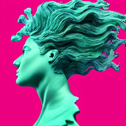 Prompt: flume and former cover art future bass girl unwrapped statue bust curls of hair angry greek expression futuristic material vibrant colours simple background Jonathan Zawada style