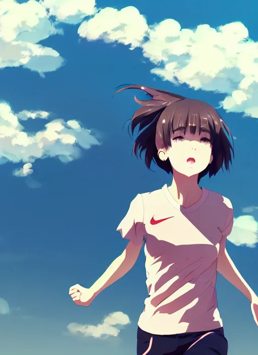 Image similar to portrait of high school runner girl, sunny sky background stadium landscape illustration concept art anime key visual trending pixiv fanbox by wlop and greg rutkowski and makoto shinkai and studio ghibli and kyoto animation symmetrical facial features short down hair sports clothing marathon race nike shirt realistic anatomy