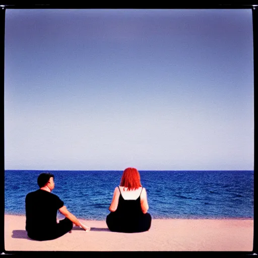 Prompt: 3 5 mm film photo of a man and a woman sitting with the sea behind them, hyperrealistic