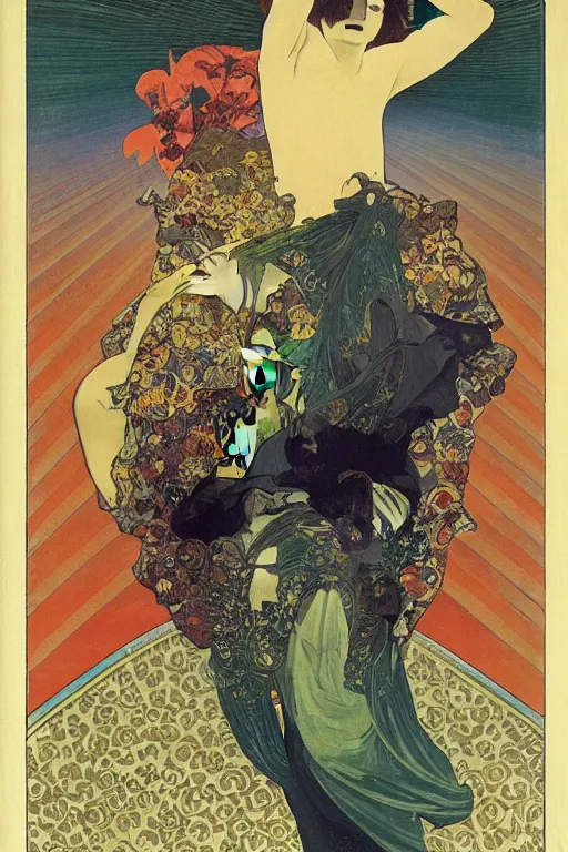 Prompt: The lonely stoner seems to free his mind at night, by Tadanori Yokoo, Alphonse Mucha, Hannah Hoch