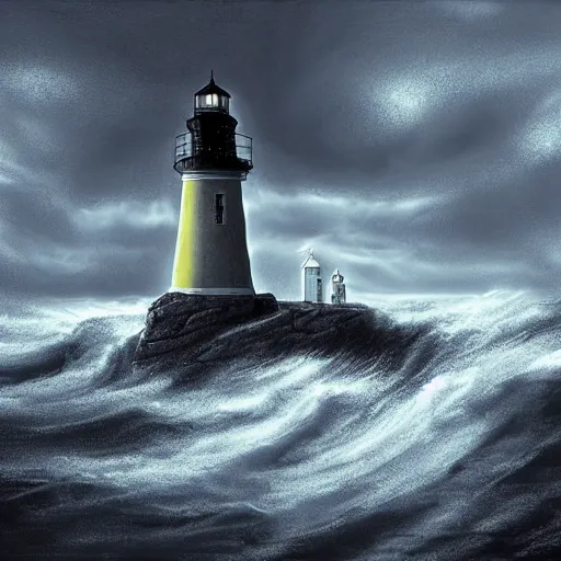 Image similar to lighthouse in the middle of a storm!! sci - fi, highly detailed, digital painting