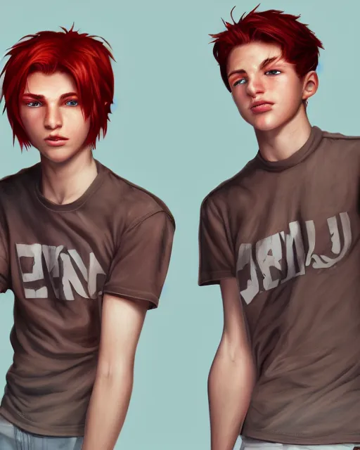 Image similar to portrait of 1 9 - year - old male twins with red hair and freckles, two male, wearing shirts,, hyper realistic face, beautiful eyes, character art, art by mark brooks, hyperdetailed, cryengine, trending on artstation, digital art