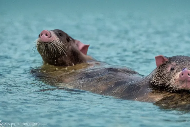 Image similar to a pig sea otter!!! hybrid! hyper realistic!! realistic lighting!! wildlife photographer of the year!!! bold natural colors, national geographic, hd, wide angle, 8 k