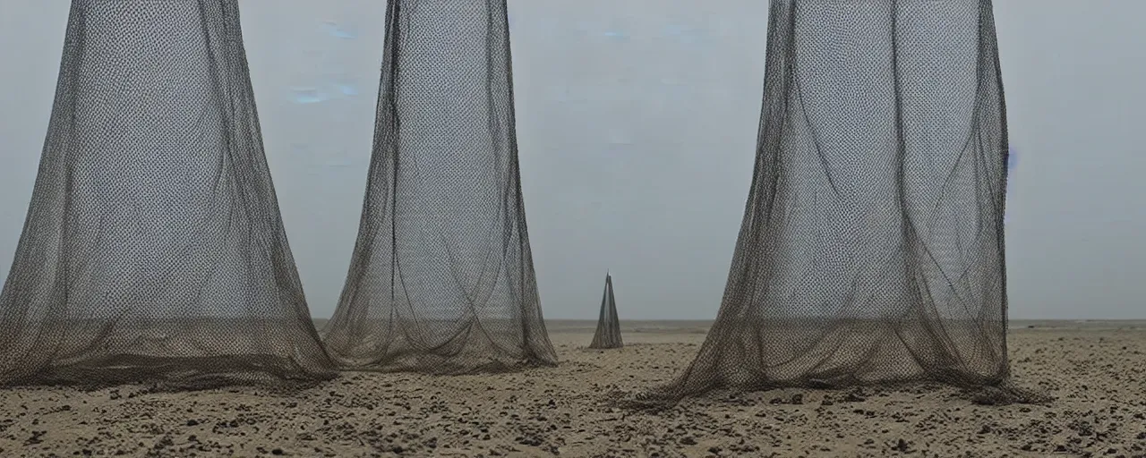 Prompt: huge concrete tetrapods wrapped in a net, seeds on the sand sea coast, film still from the movie directed by denis villeneuve with art direction by zdzisław beksinski, parts by denis villeneuve close up, telephoto lens, shallow depth of field