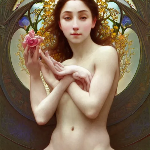 Image similar to a flower goddess, intricate, elegant, highly detailed, digital painting, artstation, concept art, smooth, sharp focus, illustration, art by artgerm and greg rutkowski and alphonse mucha and william - adolphe bouguereau and stephanie law