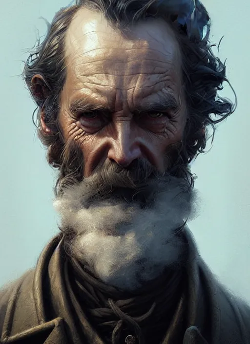 Prompt: portrait of a rugged sea captain in a trenchcoat, victorian, concept art, detailed face, fantasy, close up face, highly detailed, cinematic lighting, digital art painting by greg rutkowski