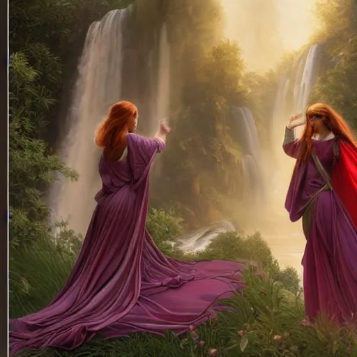 Image similar to a highly detailed byzantine painting of scarlett johansson and emma watson as red haired princesses walking through a waterfall in a gossamer purple dress, epic fantasy, stormy night, viewed in profile from far away, ultrawide lens, art by artgerm and greg rutkowski and alphonse mucha, volumetric lighting, 4 k resolution, trending on artstation, masterpiece