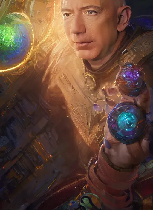 Image similar to jeff bezos collecting the infinity stones, au naturel, hyper detailed, digital art, trending in artstation, cinematic lighting, studio quality, smooth render, unreal engine 5 rendered, octane rendered, art style by klimt and nixeu and ian sprigger and wlop and krenz cushart.