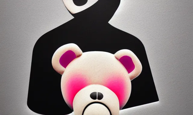 Image similar to A carved wooden bear, a poster design for a contemporary graphic design exhibition, in the style of Merijin Hos and KAWS, clean color and neon fluorescent airbrush accents typographic graphic design volumetric octane render