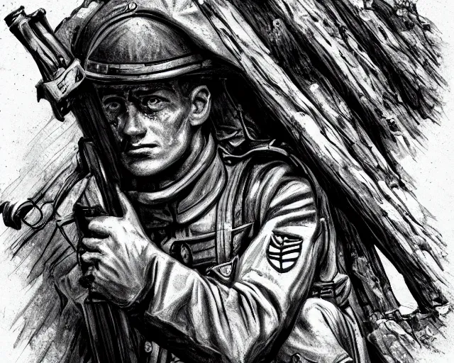 Image similar to A soldier in despair in a world war 1 trench, close-up, black and white, amazing digital art, hyper detailed, artstation, in the style of Tony Sart