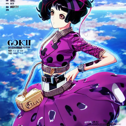 Image similar to Magazine Cover Anime key visual of a Gucci girl; official media; typography; drawn by Hirohiko Araki; Jojo's Bizarre Adventure; Jojolion, portrait, made by Stanley Artgerm Lau, WLOP, Rossdraws, James Jean, Andrei Riabovitchev, Marc Simonetti, Yoshitaka Amano, ArtStation