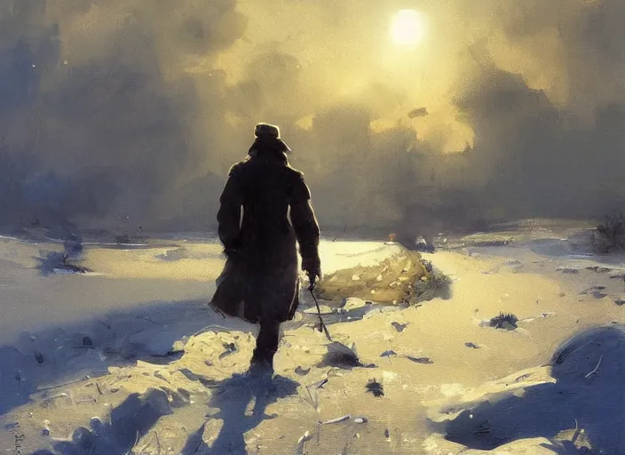 Image similar to oil painting, snow blizzard, high detailed art by dennis miller bunker, work by anders zorn, wonderful masterpiece by greg rutkowski, beautiful cinematic light, american romanticism by greg manchess, creation by tyler edlin