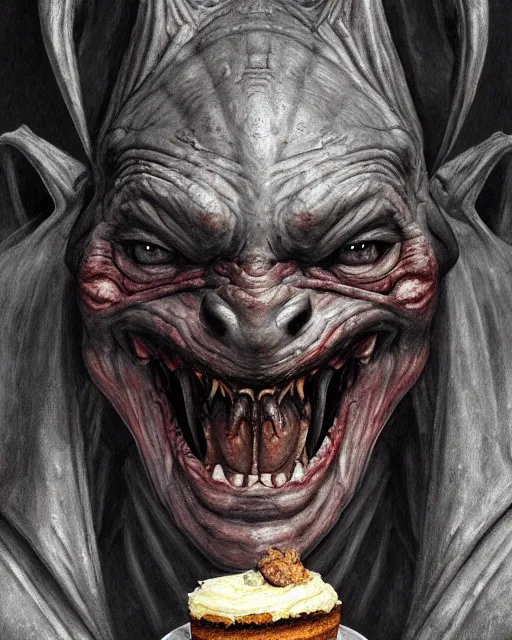 Image similar to closeup profile face portrait of a medieval goblin eating cakes in the cathedral, beautiful face, hyper realistic, highly detailed, digital painting, artstation, illustration, concept art by hyung tae, frank frazetta, bosch, giger, digital paint, matte paint, washed colors, dark, gloomy, detailed and intricate environment