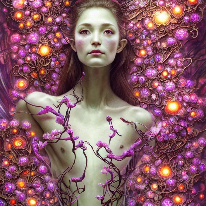 Prompt: extremely psychedelic organic cyborg made of orchid and cherry blossom tree and mushroom, diffuse lighting, fantasy, intricate, elegant, highly detailed, lifelike, photorealistic, digital painting, artstation, illustration, concept art, smooth, sharp focus, art by John Collier and Albert Aublet and Krenz Cushart and Artem Demura and Alphonse Mucha