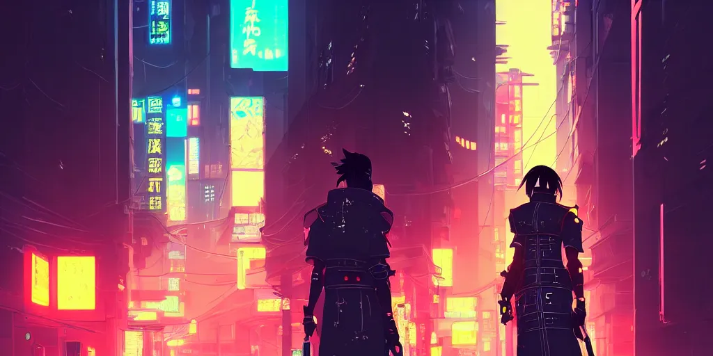 Image similar to digital illustration closeup of cyberpunk samurai in city street at night by makoto shinkai, ilya kuvshinov, lois van baarle, rossdraws, basquiat | afrofuturism, in the style of hearthstone, trending on artstation | cool color scheme