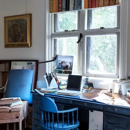 Prompt: Working desk in the middle of a Victorian blue polar bear sitting on a chair library, morning sun coming through the windows, top post on CozyPlaces subreddit