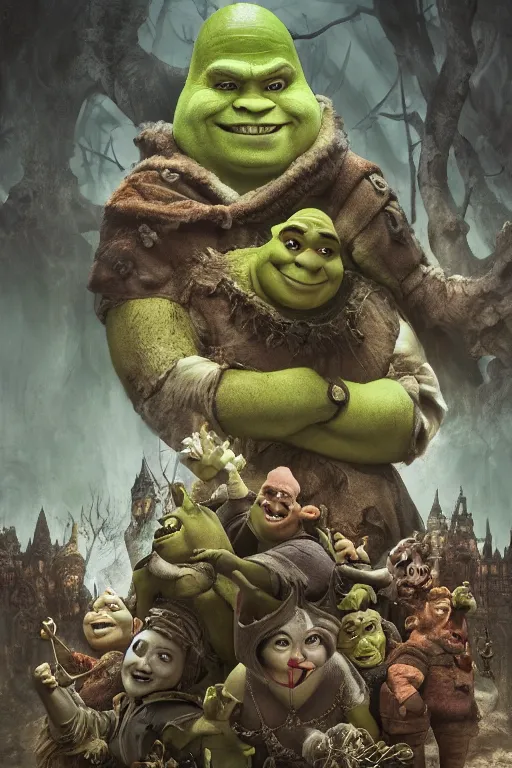 Prompt: Shrek the king of all hell, horror, illustrated by Mizuri AU and Soufiane Idrassi and BONDARTS and Tomasz Alen Kopera and Klaus Wittmann and Deathburger and Daniel Romanovsky and Aku, Trending on artstation, artstationHD, artstationHQ, 4k, 8k