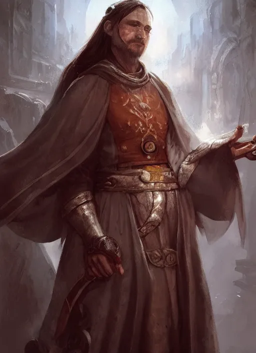 Prompt: a humble human cleric painted by raymond swanland