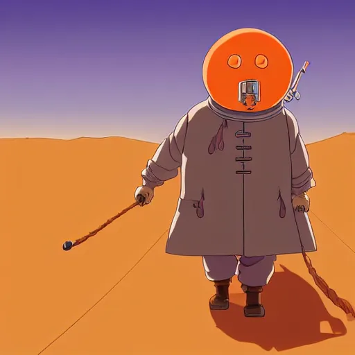 Prompt: a study of cell shaded cartoon of an orange mechanized monk from howl's moving castle ( 2 0 0 4 ) on a desert road, full body, wide shot, very muted colors, post grunge, studio ghibli, laurie greasley, highly detailed, deviantart, art by artgem