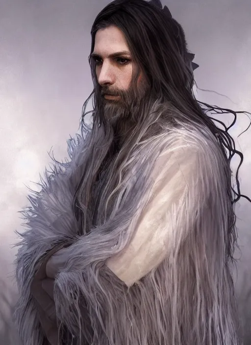 Image similar to Portrait of warlock angel, white glowing eyes, silver shaggy hair, short scruffy beard, cloak, ethereal wings, male, fantasy, extremely detailed, digital painting, artstation, concept art, smooth, sharp focus, illustration, stunning lighting, art by artgerm and greg rutkowski and alphonse mucha and simon stalenhag, realistic character concept, high fantasy, light atmosphere, golden ratio, cinematic lighting, hyperdetailed, high resolution, insanely detailed and intricate, artstation, Marc Simonetti, Greg Rutkowski, 8k