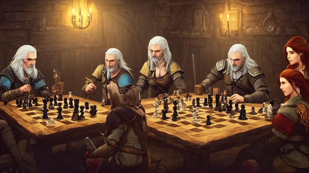 Image similar to Geralt of Rivia, yennefer, triss and Ciri playing chess in a tavern. geralt de rivia and ciri play at a table in the middle of the tavern, pixel art by Gerardo Quiroz, devian art, 4k