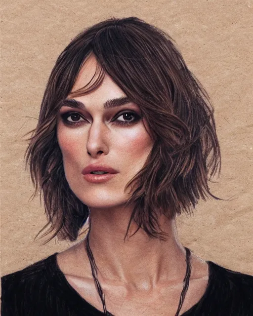 Prompt: highly detailed portrait of keira knightley, drawn on kraft paper with red, black, and white chalk