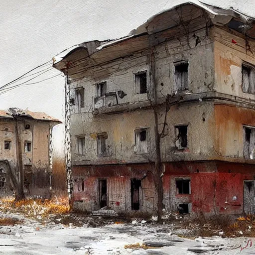 Prompt: painting of a abandoned post soviet town by jakub rozalski