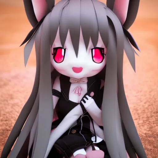 Prompt: cute fumo plush bunny girl, floppy ears, gothic maiden, alert, furry anime, vray, smile