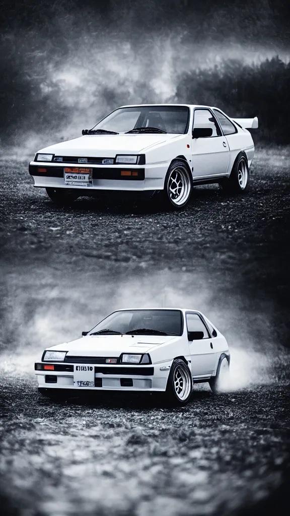 Prompt: a trueno ae 8 6 with pop up headlights, cinematic, long exposure, white balance, 8 k, led, lumen global illumination, fog, ray tracing reflections