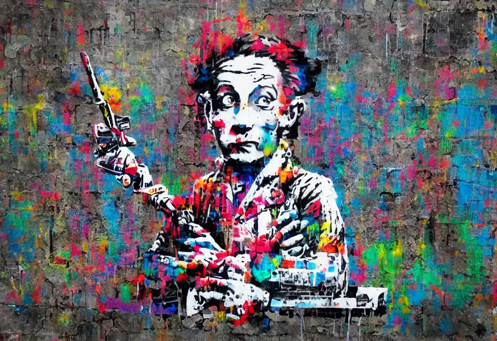 Image similar to full color banksy graffiti anti art, rage against the status quo, detailed, realistic, glitch art effect