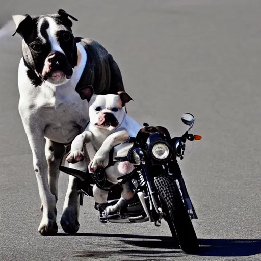 Prompt: Gray and white bully dog riding a motorcycle