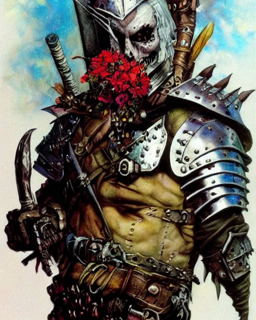 Image similar to portrait of a skinny punk goth wilford brimley wearing armor by simon bisley, john blance, frank frazetta, fantasy, thief warrior, colorful flowers floral