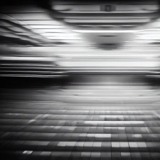 Image similar to noisy photograph of a retrofuturist underground liminal space, minimalist, motion blur