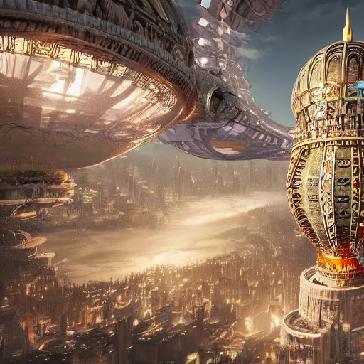 Image similar to enormous flying city in a faberge egg, sky, steampunk, fantasy art, unreal engine, intricate, intricate, intricate, intricate