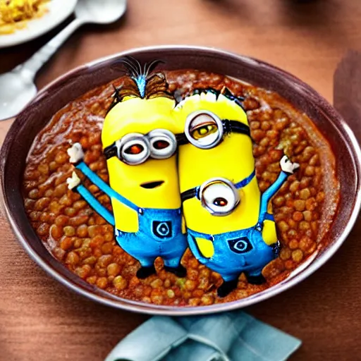 Image similar to a minions eating a dish of hot lentils with grated cheese on top, cursed photography