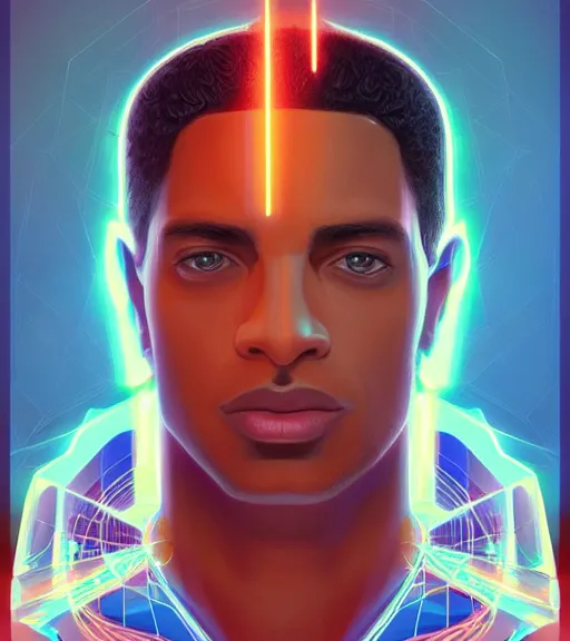 Image similar to symmetry!! egyptian prince of technology, solid cube of light, hard edges, product render retro - futuristic poster scifi, lasers and neon circuits, brown skin man egyptian prince, intricate, elegant, highly detailed, digital painting, artstation, concept art, smooth, sharp focus, illustration, dreamlike, art by artgerm