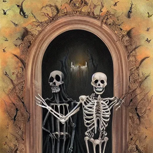 Prompt: In the center of the painting is a large gateway that seems to lead into abyss of darkness. On either side of the gateway are two figures, one a demon-like creature, the other a skeletal figure. by Mark Ryden, by Briton Rivière elaborate