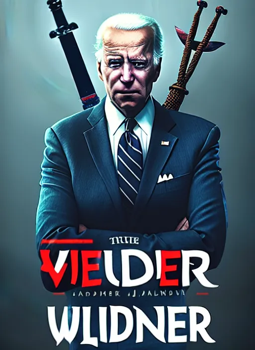 Prompt: Joe Biden playing the Witcher, movie poster by James Gilleard