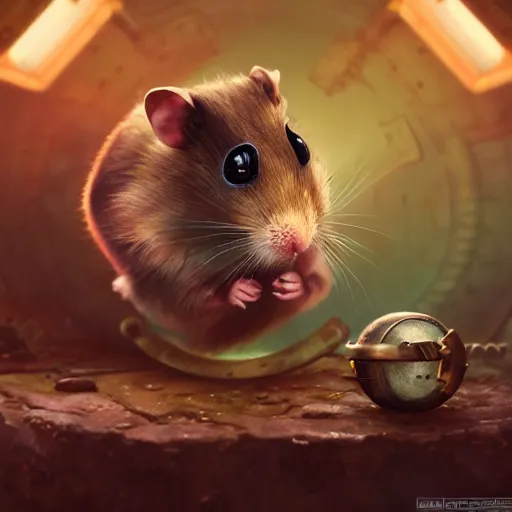 Image similar to oil painting of anthropomorphized hamster looking at shiny ruby, steampunk clothes, close shot, full body, dark steampunk mine shaft background, sharp focus, fantasy style, octane render, volumetric lighting, 8k high definition, by greg rutkowski, highly detailed, trending on art Station, dungeons and dragons artwork, centered