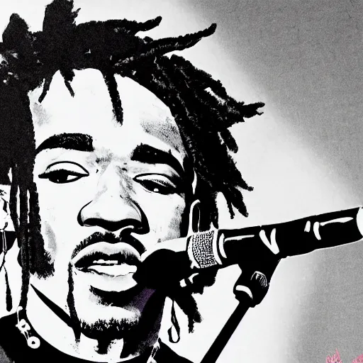 Prompt: lil uzi vert, performing at live aid, photorealistic, black and white, hyper detailed