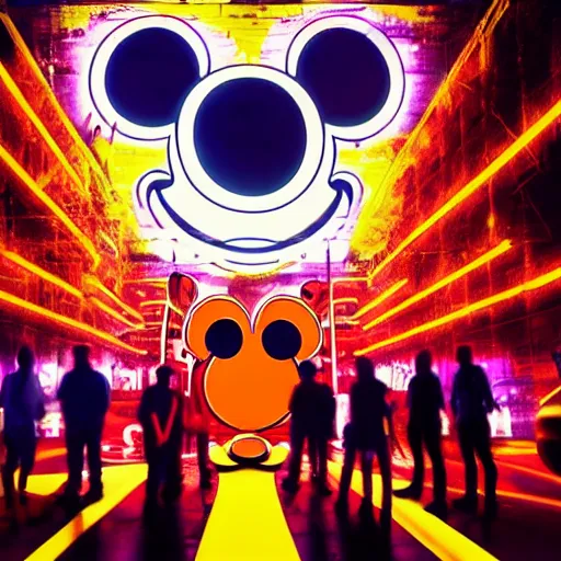 Image similar to a group of people standing around a giant one - eyed mickey mouse, cyberpunk art by david lachapelle, cgsociety, dystopian art, netflix neon logo concept art, neons, interior