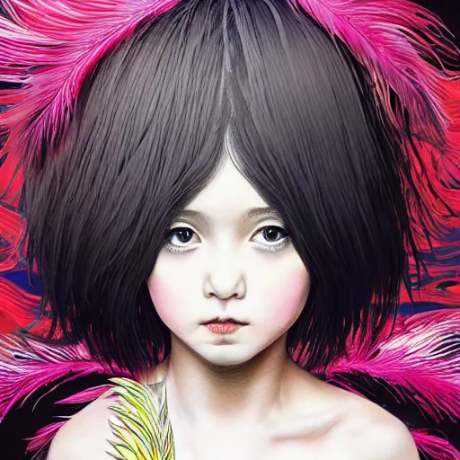 Prompt: little girl with an eccentric haircut wearing an dress made of feathers, artwork made by ilya kuvshinov and hirohiko araki