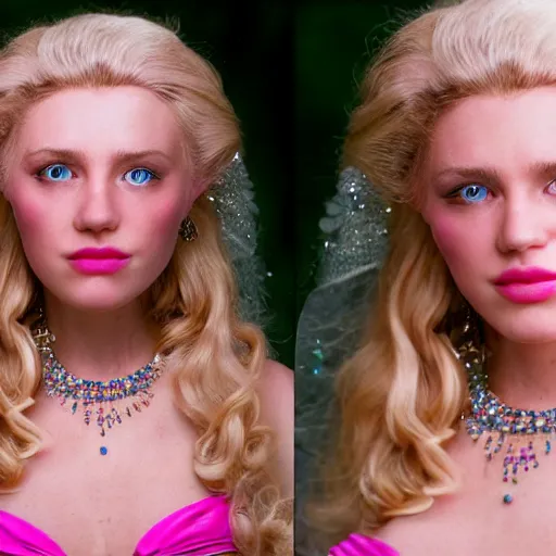 Prompt: close up headshot of a princess with long blonde hair and light blue eyes wearing a strapless elaborately beaded pink dress, high resolution film still, 8k, HDR color, film by Simon Langton and David Frankel, triangular face, slight freckles, round narrow chin, straight jawline, natural pink lips, cheekbones