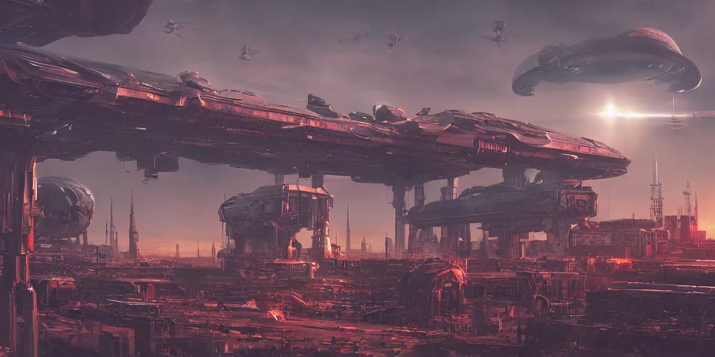 Image similar to alien spacecraft hovering over busy space port surrounded by alien robots, steel archways, industrial buildings, rusty metal towers, sun setting, ross tran, fantasy, james jean, cinematic lighting, digital painting, octane render