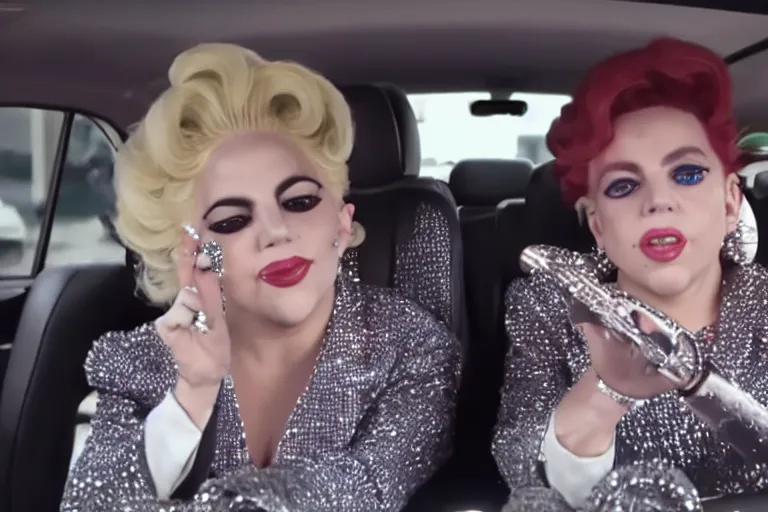 Image similar to carpool karaoke screenshot of lady gaga and judy garland, highly realistic, highly detailed, high resolution, 8 k 4 k,