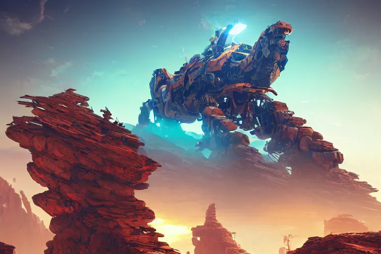 Image similar to rockbreaker machine mecanical creature robot of horizon forbidden west horizon zero dawn radiating a glowing aura global illumination ray tracing hdr fanart arstation by ian pesty and alena aenami artworks in 4 k